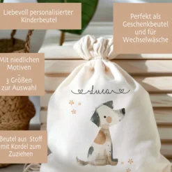 Personalisierter Zuziehbeutel für Kinder | Motive: Fuchs, Hund, Waschbär
