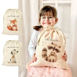Personalisierter Zuziehbeutel für Kinder | Motive: Fuchs, Hund, Waschbär