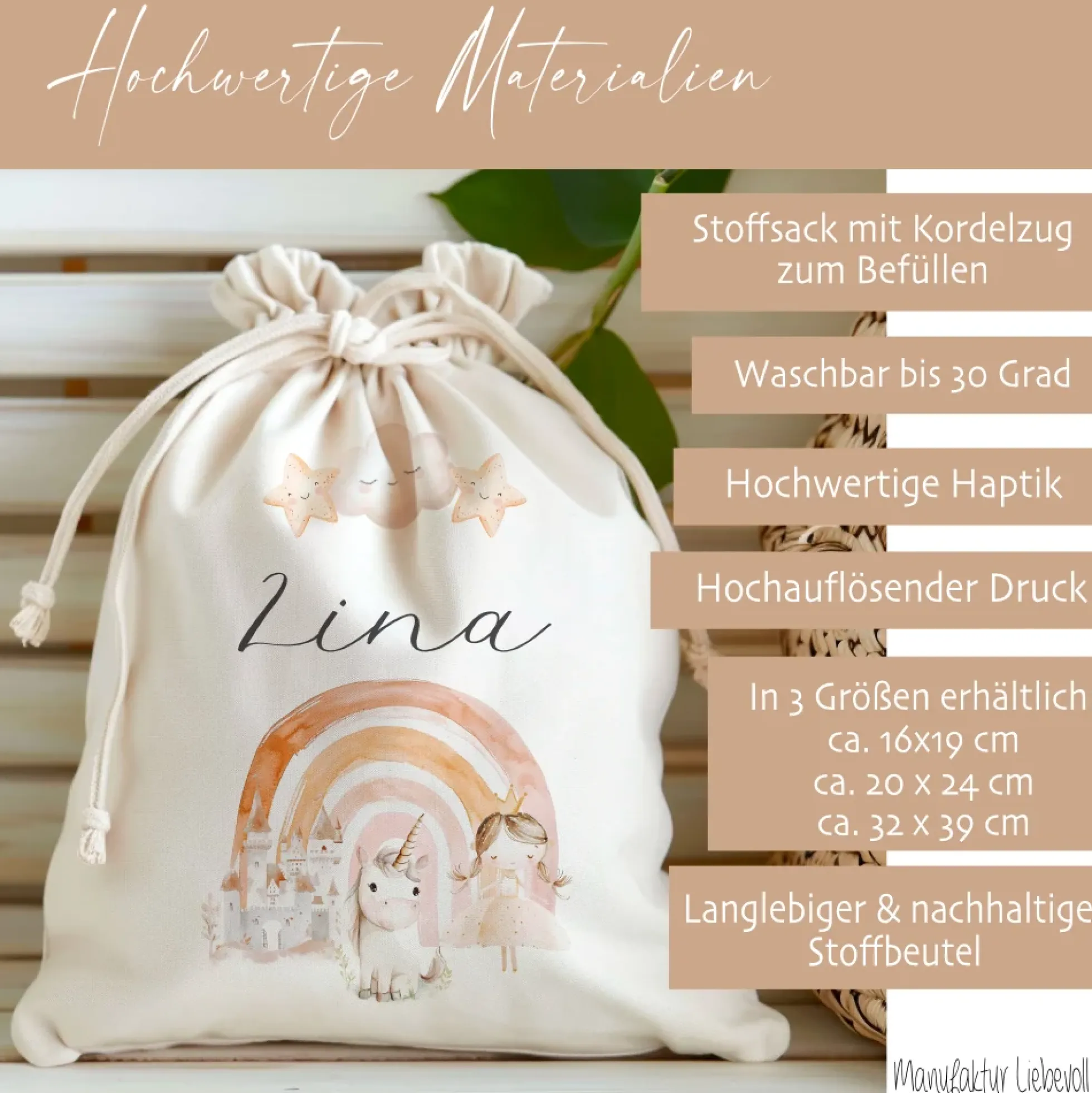 Personalisierter Zuziehbeutel für Kinder | Motive: Prinzessin, Einhorn, Märchen