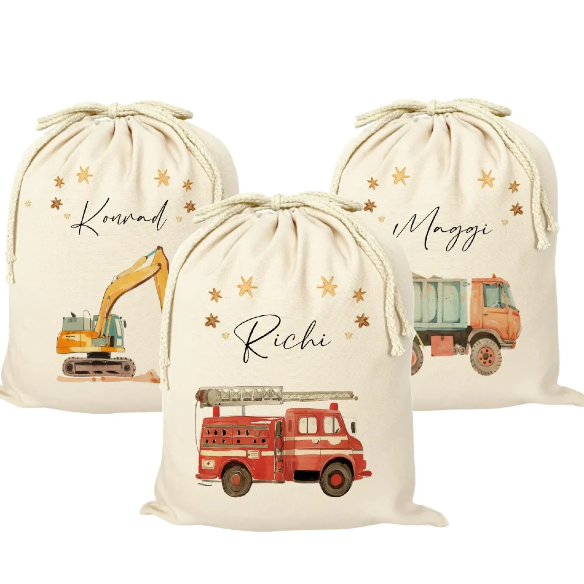 Personalisierter Zuziehbeutel für Kinder | Motive: Bagger, LKW, Feuerwehr