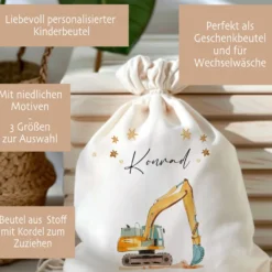 Personalisierter Zuziehbeutel für Kinder | Motive: Bagger, LKW, Feuerwehr