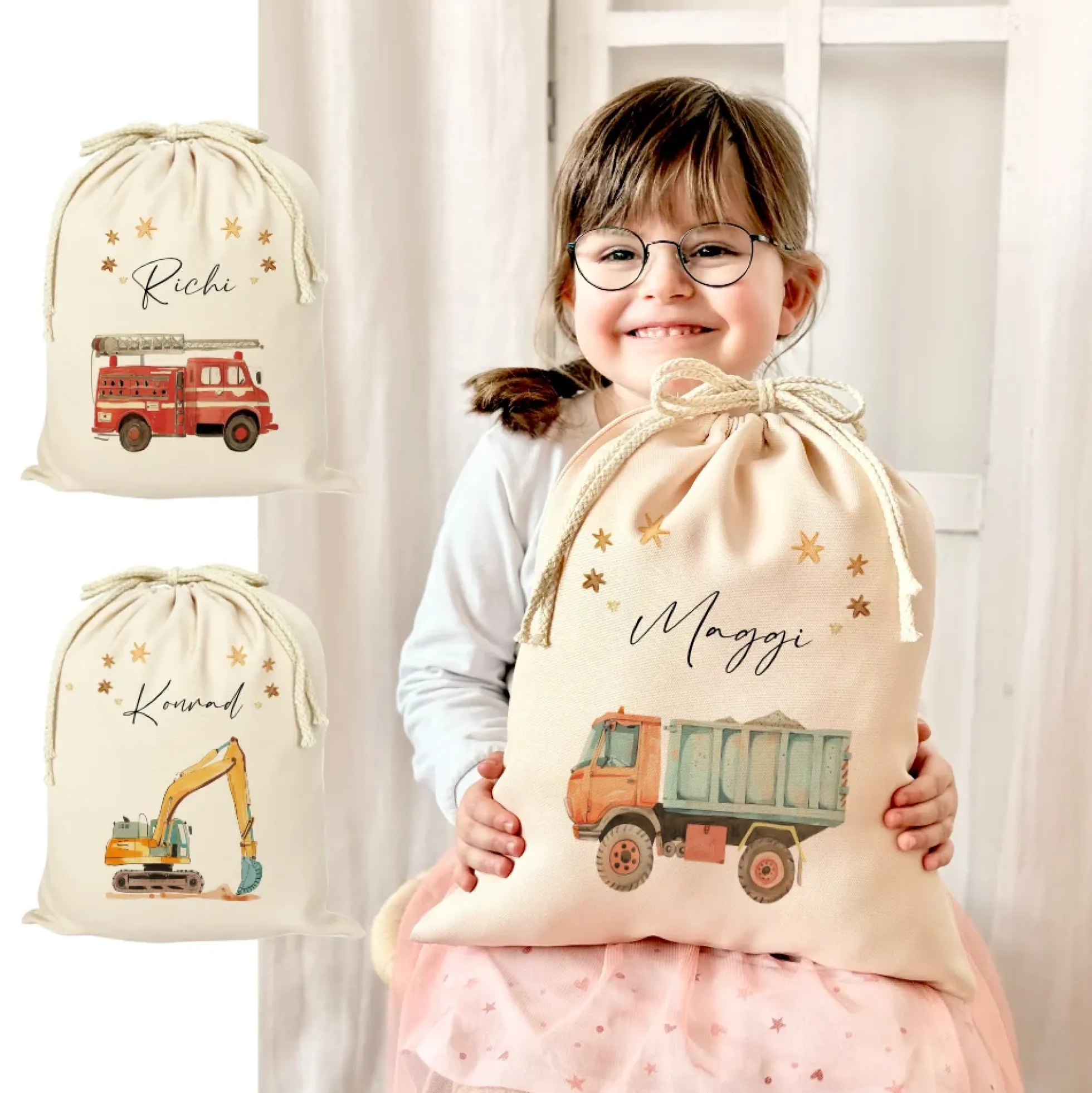 Personalisierter Zuziehbeutel für Kinder | Motive: Bagger, LKW, Feuerwehr