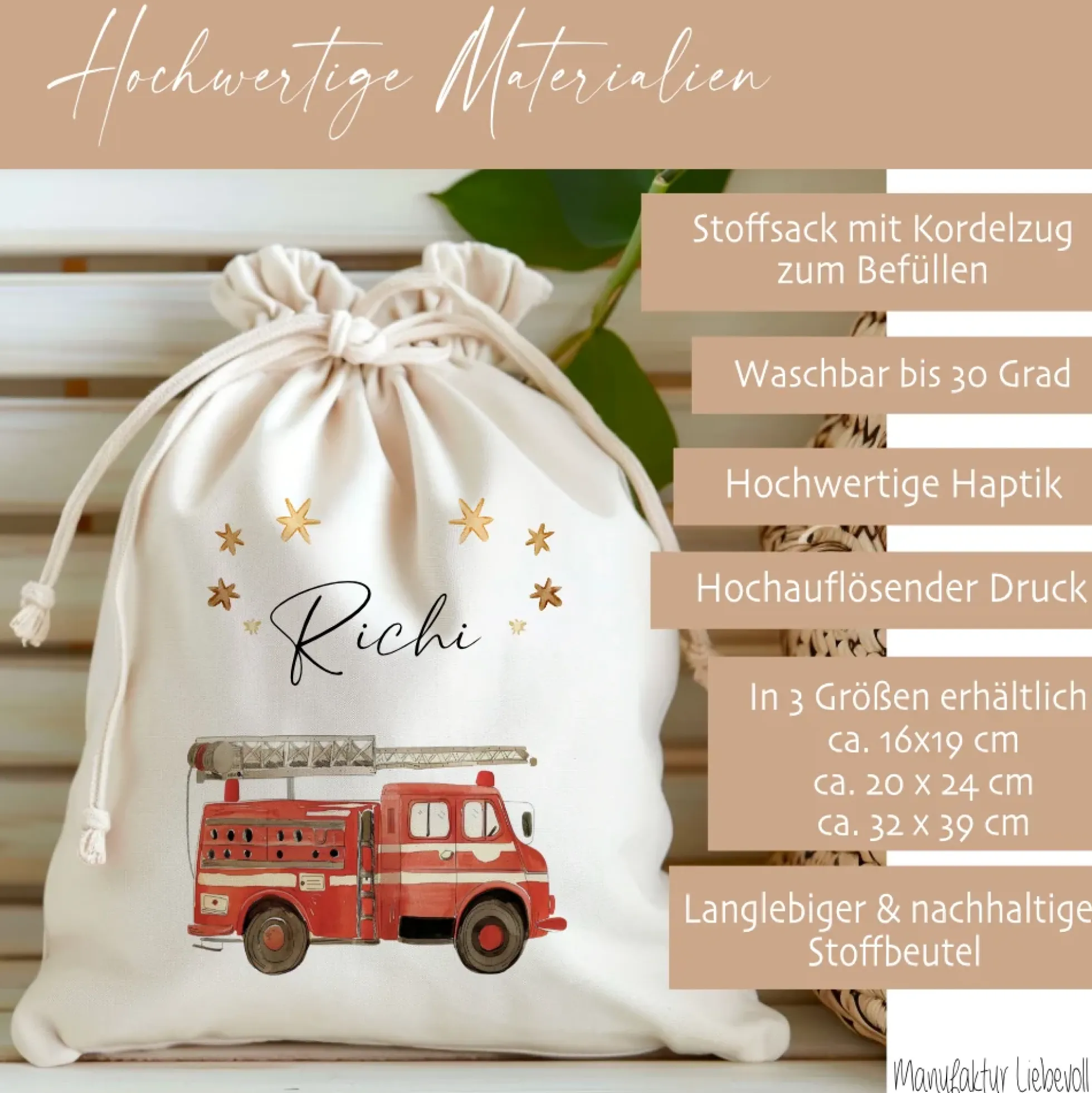 Personalisierter Zuziehbeutel für Kinder | Motive: Bagger, LKW, Feuerwehr