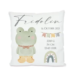 Personalisiertes Babygeschenk, Kissen zur Geburt mit Geburtsdaten, Motiv: Frosch