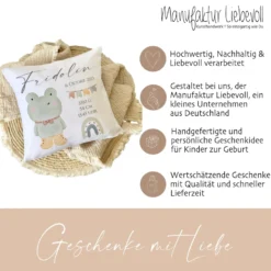Personalisiertes Babygeschenk, Kissen zur Geburt mit Geburtsdaten, Motiv: Frosch