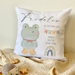 Personalisiertes Babygeschenk, Kissen zur Geburt mit Geburtsdaten, Motiv: Frosch