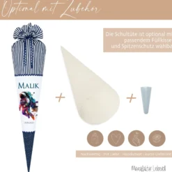 Personalisierte Schultüte Stoff Blau Junge Astronaut Weltall Weltraum Raumfahrt Wunschname Einschulungstüte 70 cm | Optional mit Füllkissen und Spitzenschutz
