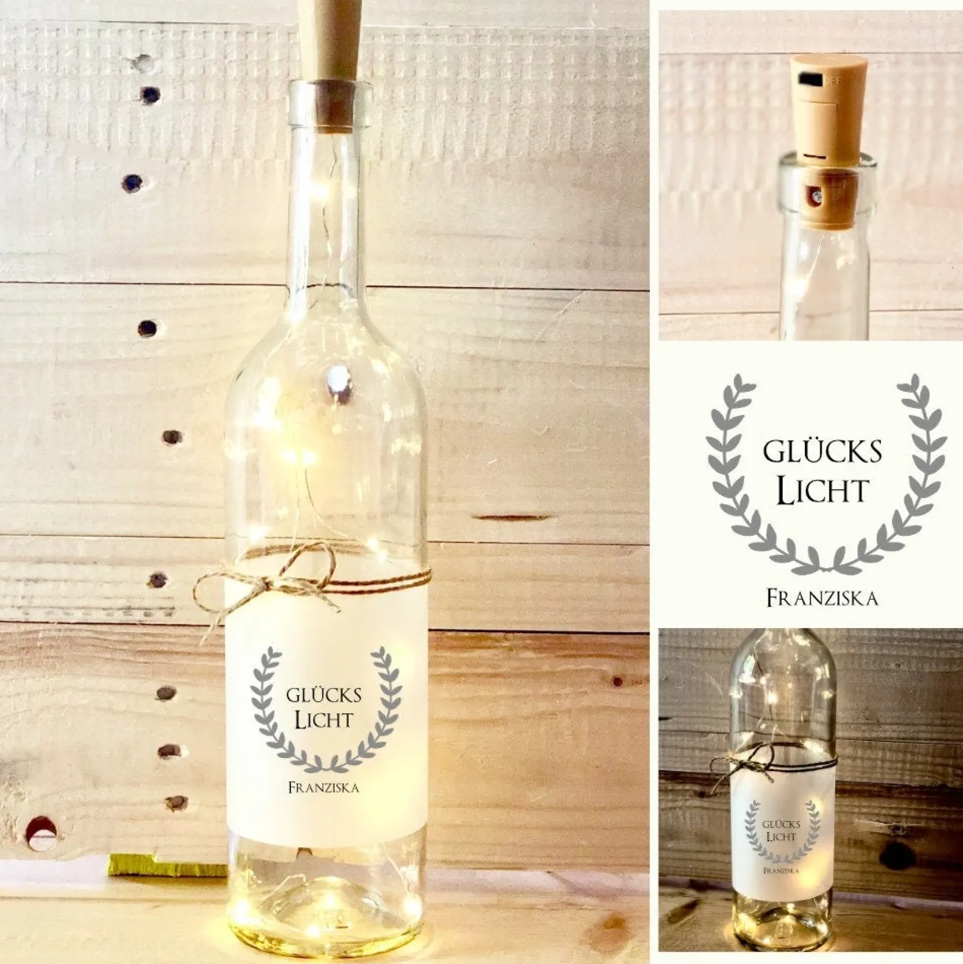 Personalisiertes Flaschenlicht "Glückslicht" mit Namen | Perfektes Geschenk zum Geburtstag, als Glücksbringer zur Prüfung, Geschenkidee zur Jugendweihe uvm.