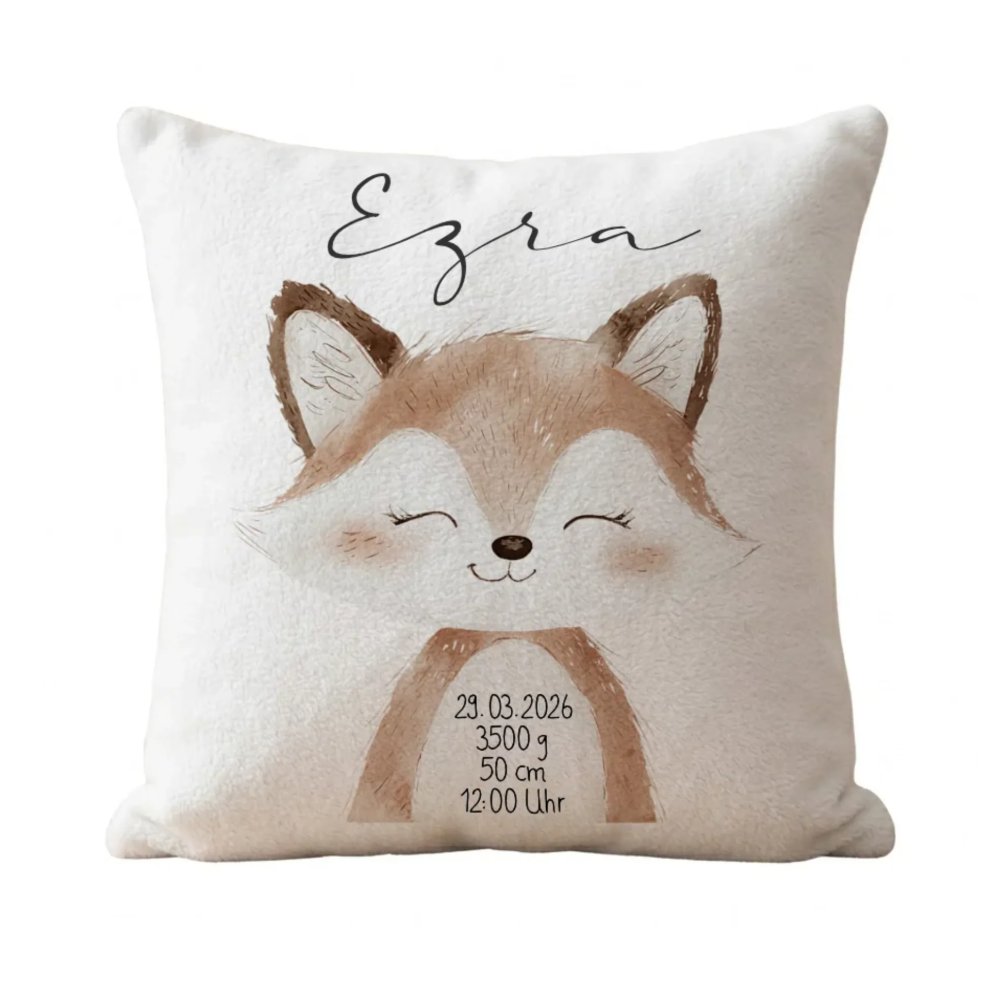 Personalisiertes flauschiges Babykissen mit Geburtsdaten – Waldtiere 40x40cm inkl. Füllung