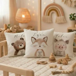 Personalisiertes flauschiges Babykissen mit Geburtsdaten – Waldtiere 40x40cm inkl. Füllung