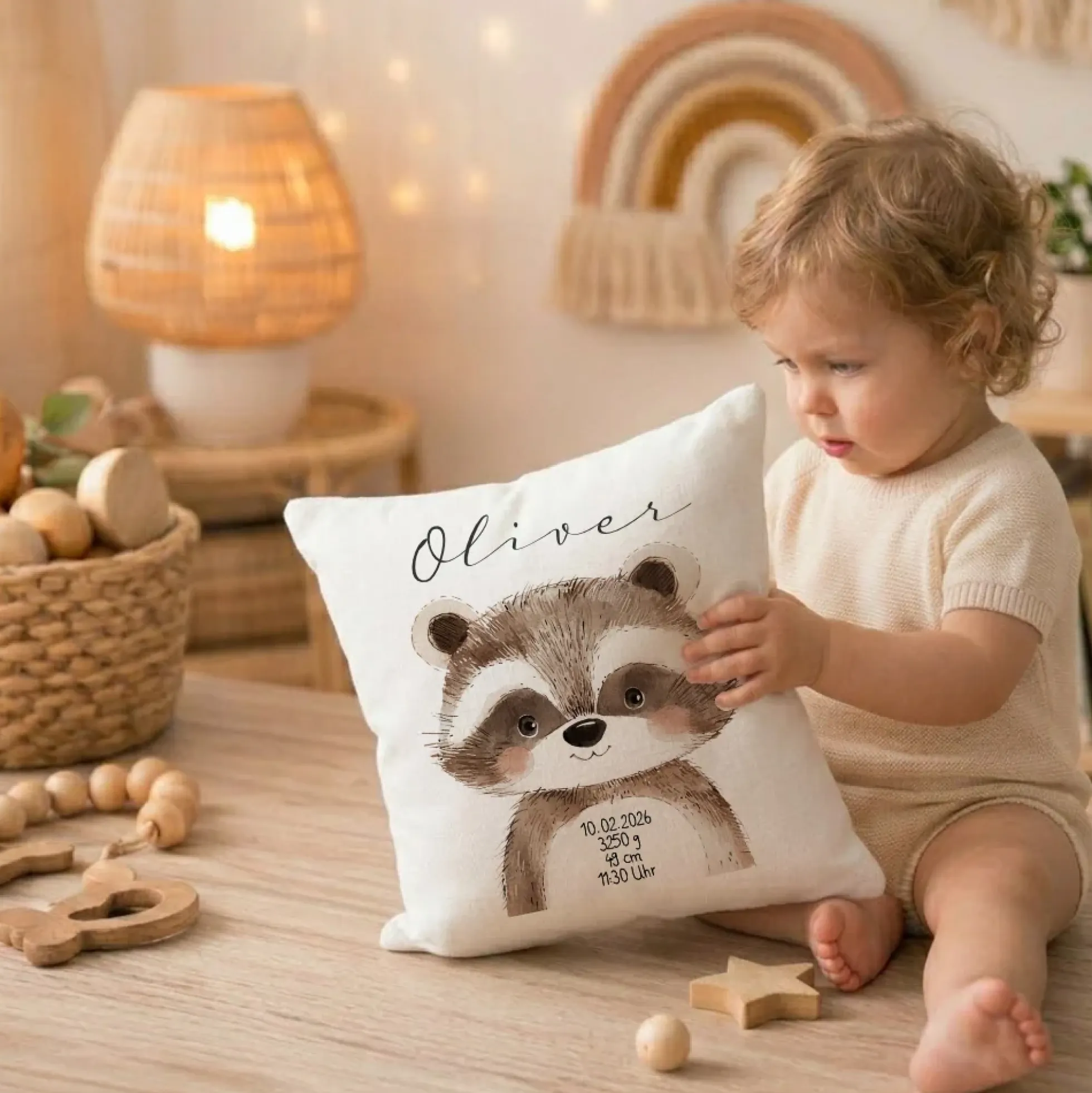 Personalisiertes flauschiges Babykissen mit Geburtsdaten – Waldtiere 40x40cm inkl. Füllung