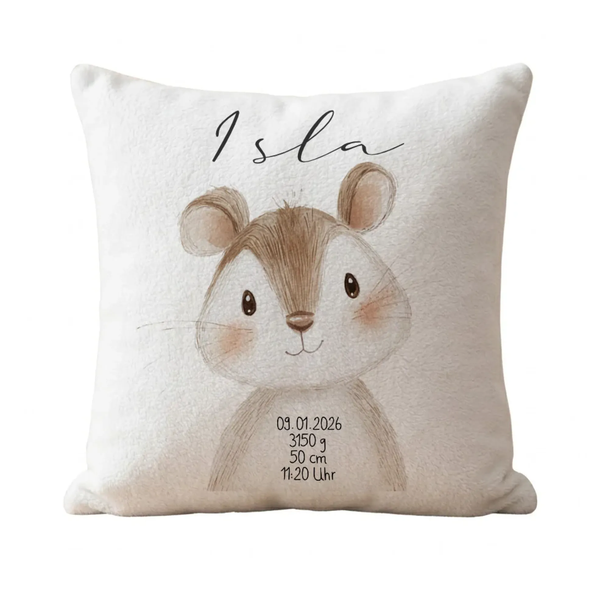 Personalisiertes flauschiges Babykissen mit Geburtsdaten – Waldtiere 40x40cm inkl. Füllung