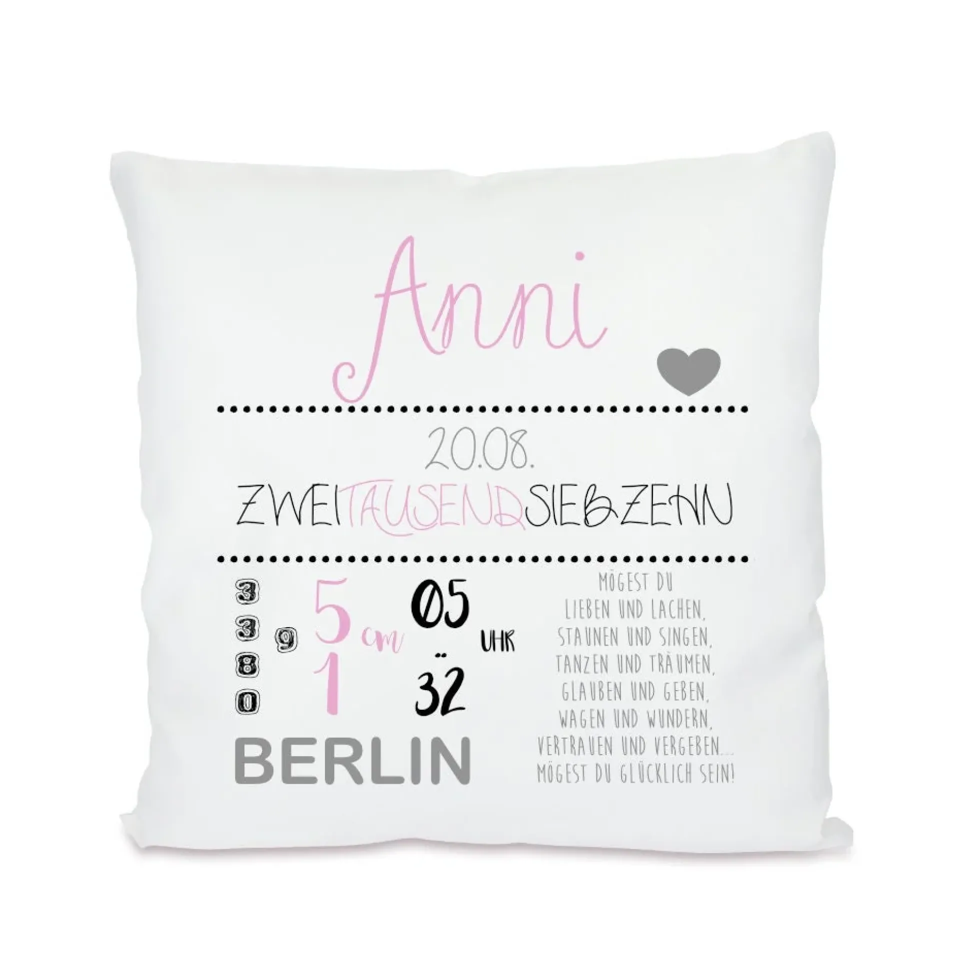 Personalisiertes Geburtskissen mit den Geburtsdaten des Babys | Besonderes Geschenk zur Geburt u. zur Taufe | Schönes Babygeschenk und tolle Erinnerung | 2 Farbvarianten zur Auswahl