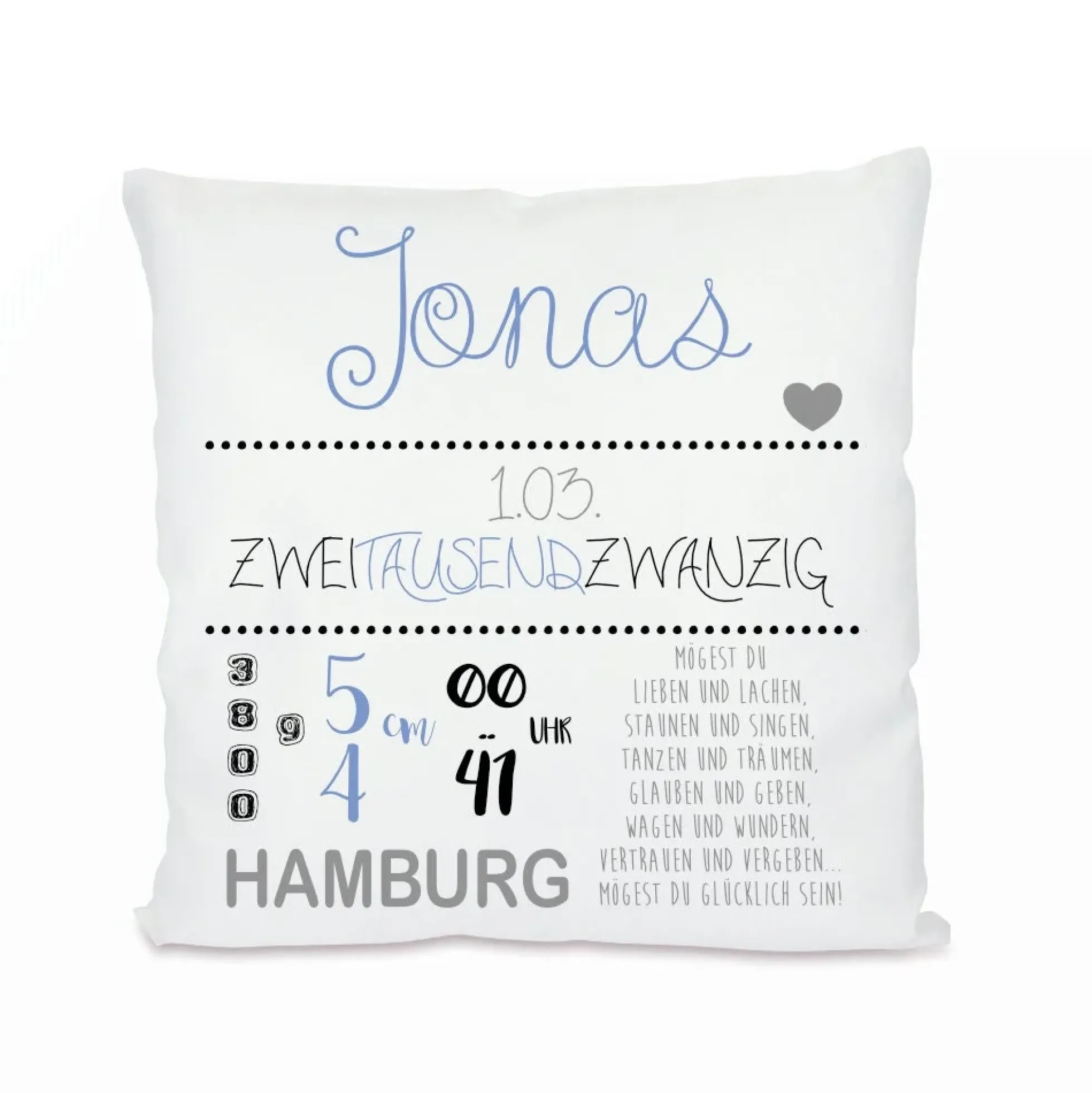 Personalisiertes Geburtskissen mit den Geburtsdaten des Babys | Besonderes Geschenk zur Geburt u. zur Taufe | Schönes Babygeschenk und tolle Erinnerung | 2 Farbvarianten zur Auswahl