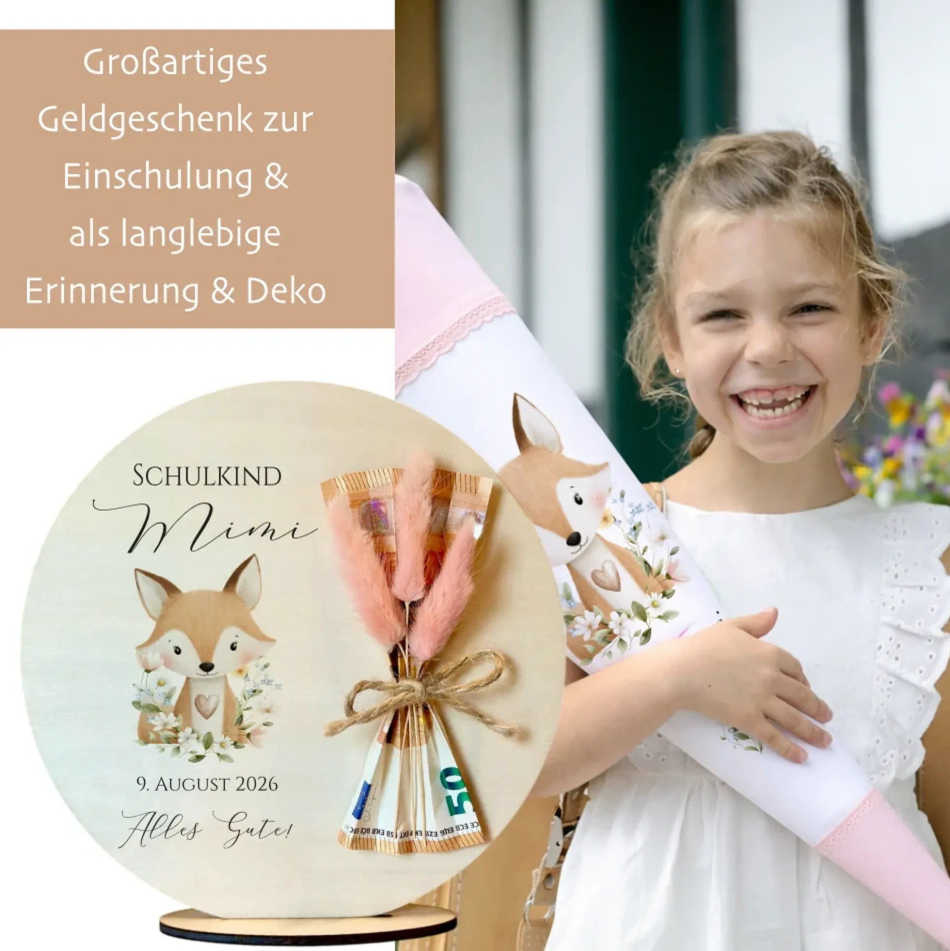 Personalisiertes Geldgeschenk zur Einschulung – Holzschild mit Namen als Geldhalter – Originelles Geschenk zum Schulanfang & Einschulungsdeko
