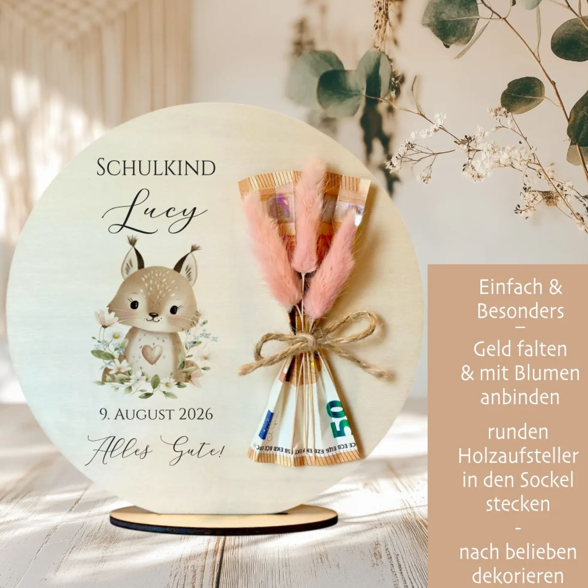 Personalisiertes Geldgeschenk zur Einschulung – Holzschild mit Namen als Geldhalter – Originelles Geschenk zum Schulanfang & Einschulungsdeko