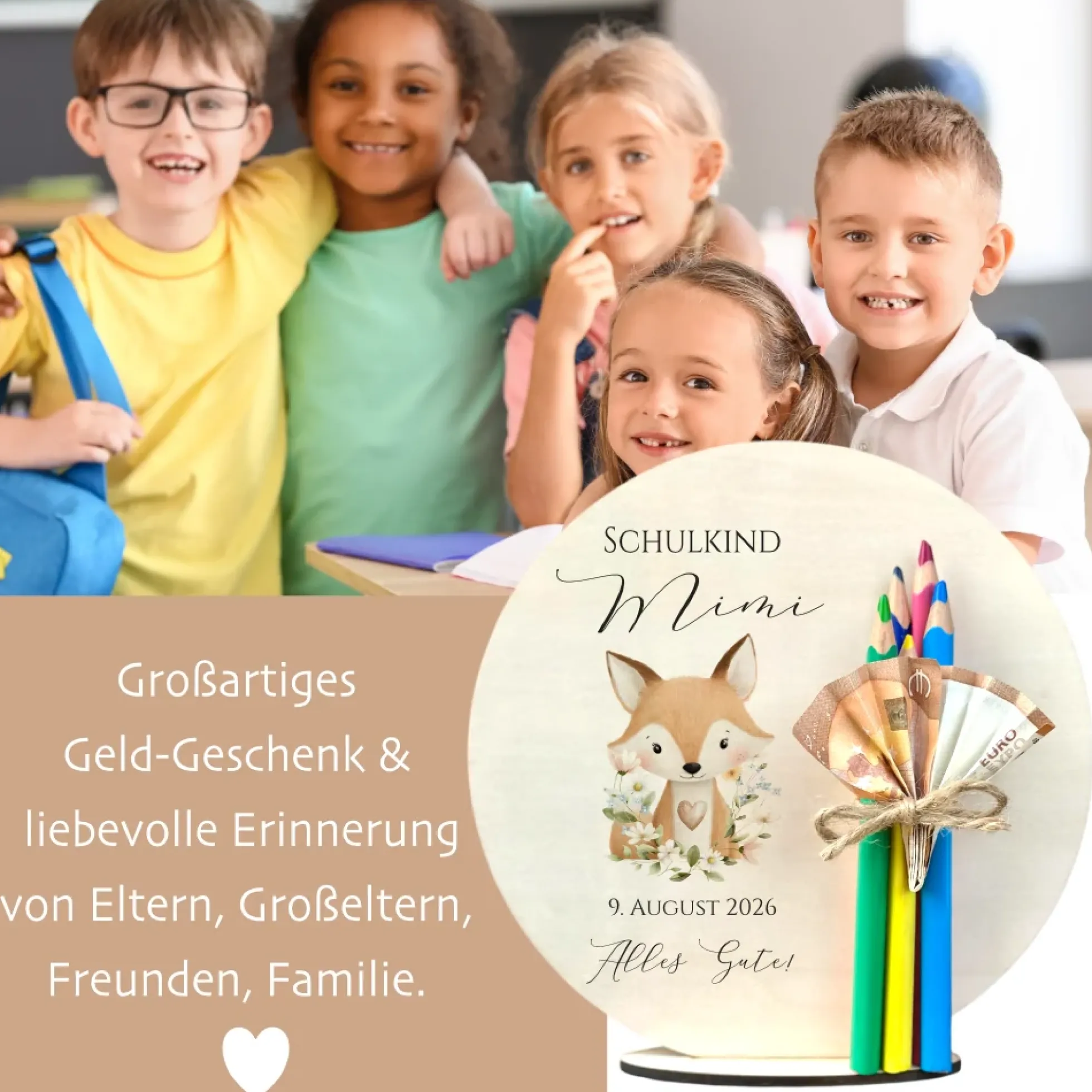 Personalisiertes Geldgeschenk zur Einschulung – Holzschild mit Namen als Geldhalter – Originelles Geschenk zum Schulanfang & Einschulungsdeko