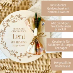Personalisiertes Geldgeschenk aus Holz zur Konfirmation mit Name Kommunion Geschenk Jugendweihe Geld Geschenk Firmung für Mädchen u. Jungen