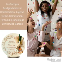 Personalisiertes Geldgeschenk aus Holz zur Konfirmation mit Name Kommunion Geschenk Jugendweihe Geld Geschenk Firmung für Mädchen u. Jungen