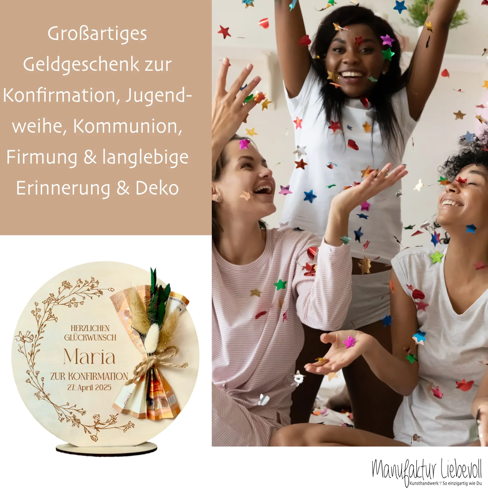 Personalisiertes Geldgeschenk aus Holz zur Konfirmation mit Name Kommunion Geschenk Jugendweihe Geld Geschenk Firmung für Mädchen u. Jungen