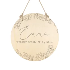 Personalisiertes Geschenk für Babys zur Geburt u. Taufe | Babygeschenk mit dem Namen u. den Geburtsdaten | Florales Holzschild für das Babyzimmer