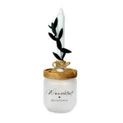 Personalisiertes Geschenkglas mit Wunschtext, Kerze und Trockenblume