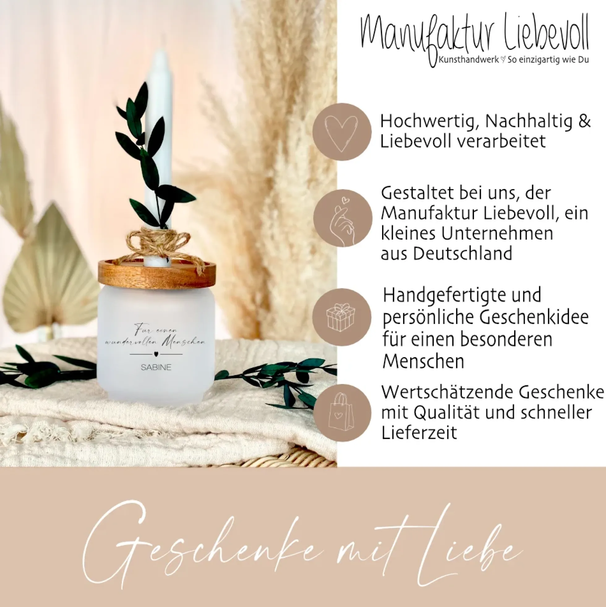 Personalisiertes Geschenkglas "Für einen wundervollen Menschen" mit Wunschtext, Kerze und Trockenblume