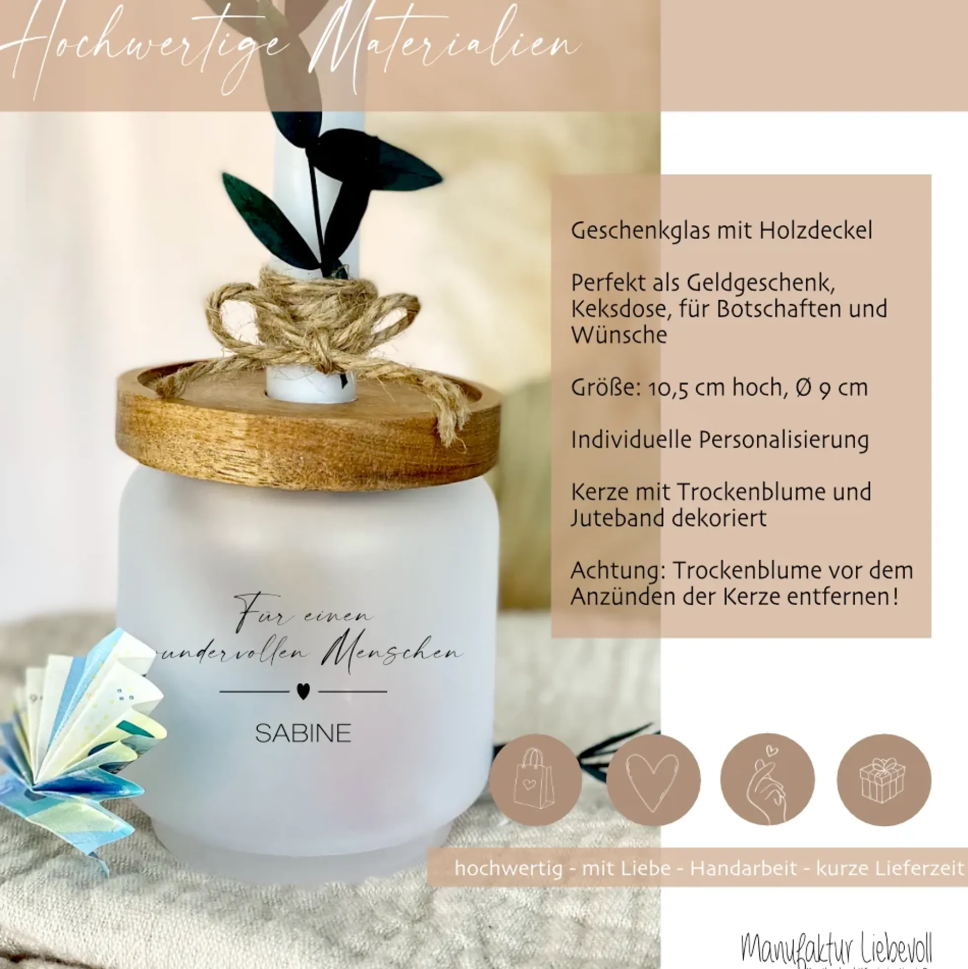 Personalisiertes Geschenkglas "Für einen wundervollen Menschen" mit Wunschtext, Kerze und Trockenblume