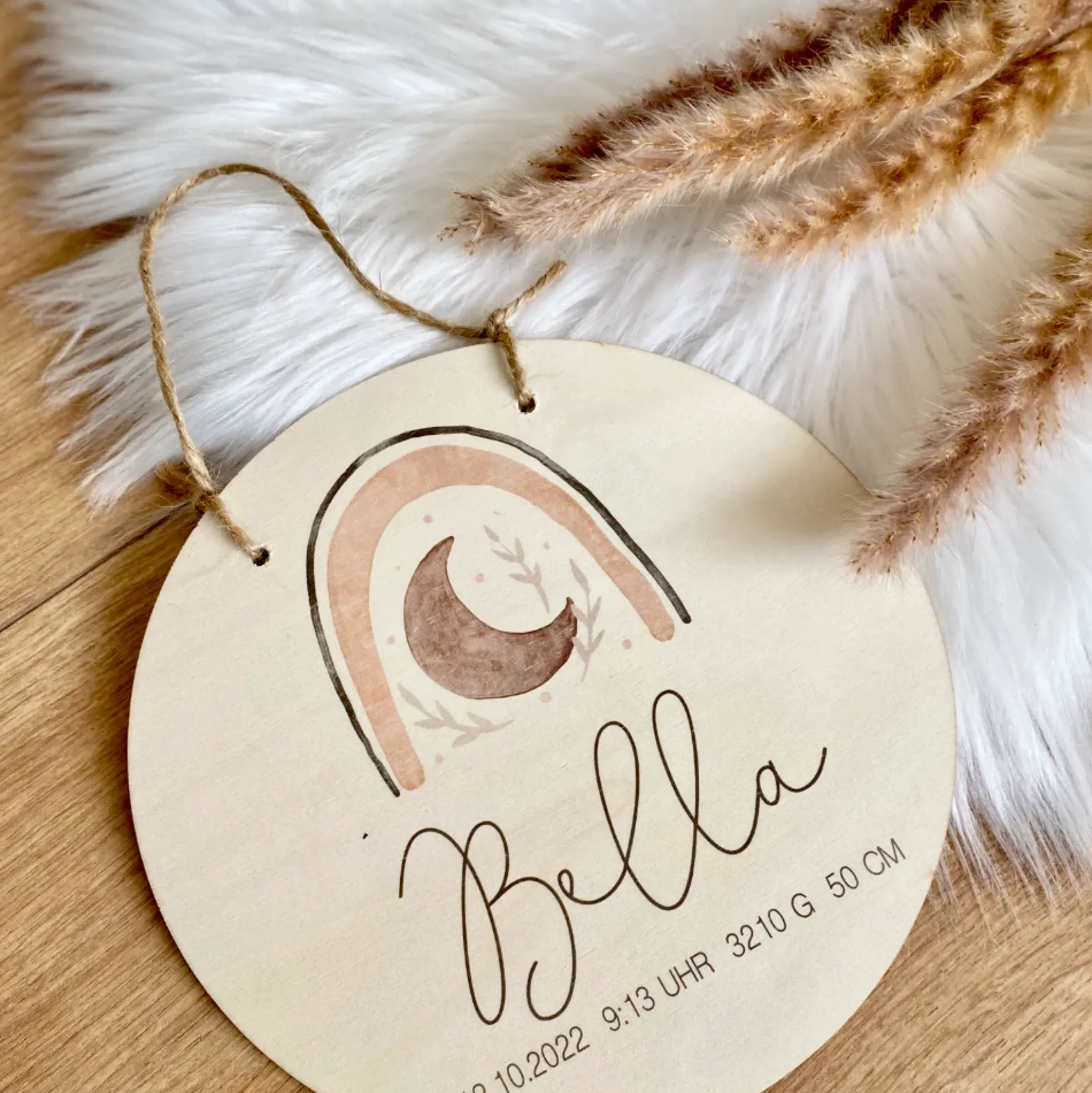 Personalisiertes Geschenk "Regenbogen" für Babys zur Geburt u. Taufe | Babygeschenk mit dem Namen u. den Geburtsdaten | Boho Holzschild für das Babyzimmer