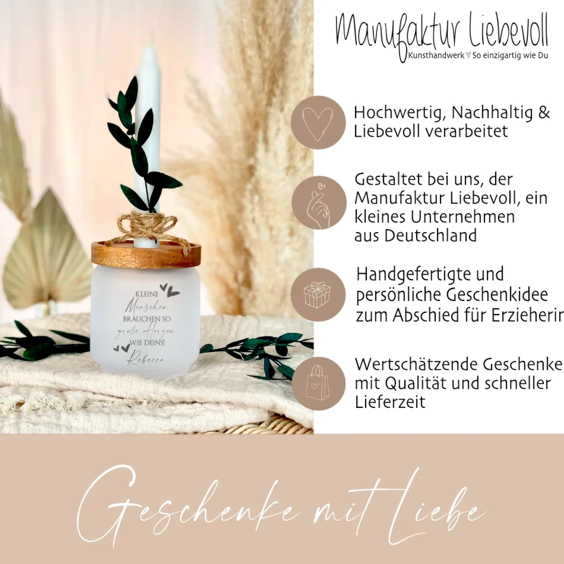 Personalisiertes Glas Geschenk mit Namen für Erzieherin als Abschiedsgeschenk und Dankeschön von Kita Kindern