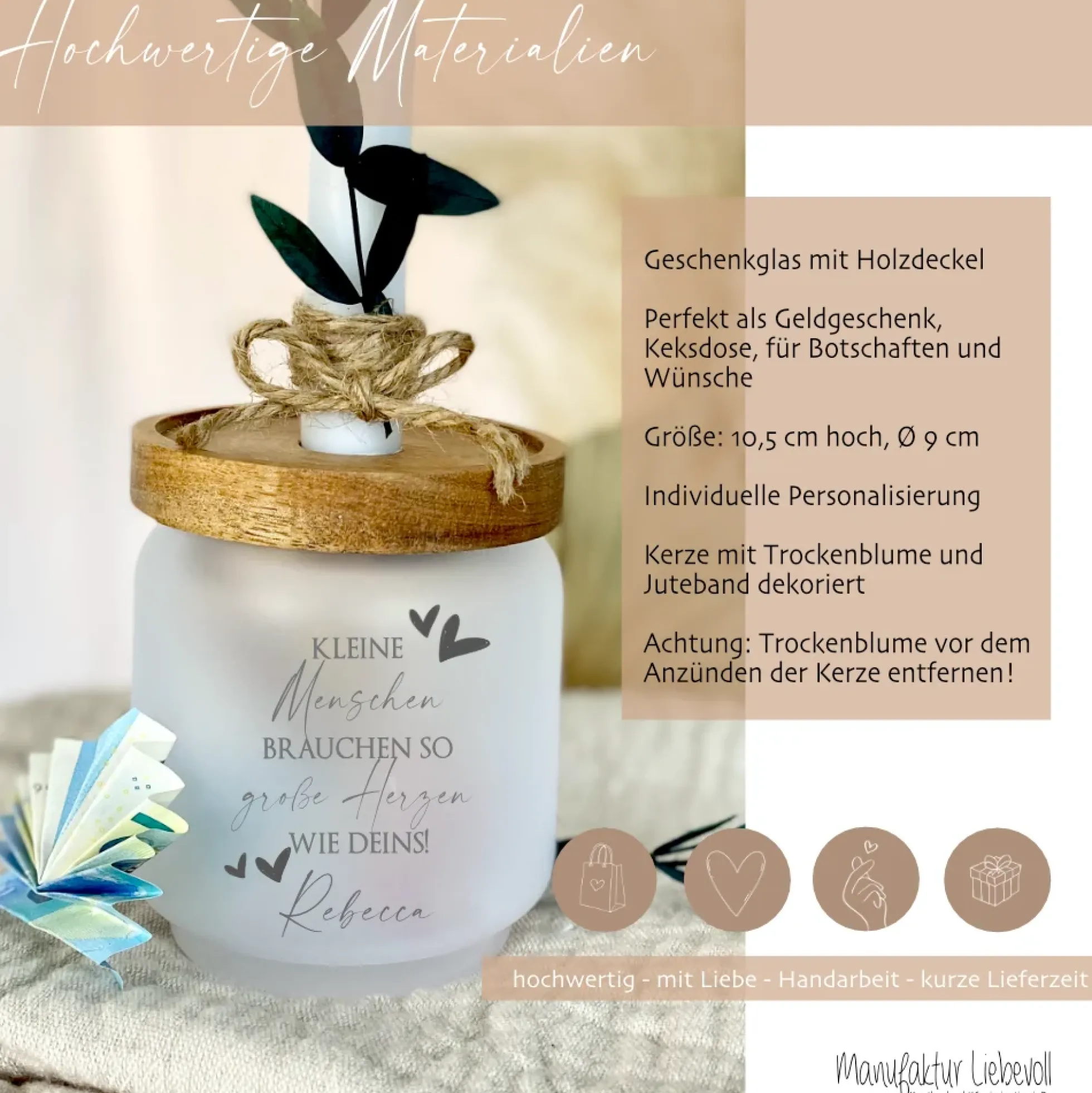 Personalisiertes Glas Geschenk mit Namen für Erzieherin als Abschiedsgeschenk und Dankeschön von Kita Kindern