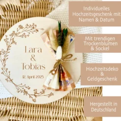 Personalisiertes Hochzeitsgeschenk Geld Geschenk aus Holz zur Hochzeit Geldgeschenk mit Namen u. Datum, Geschenk Hochzeit Tisch Deko Boho