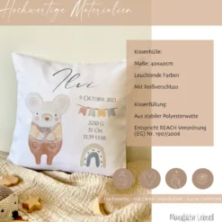 Personalisiertes Kissen für Babys mit Geburtsdaten, Motiv: Maus