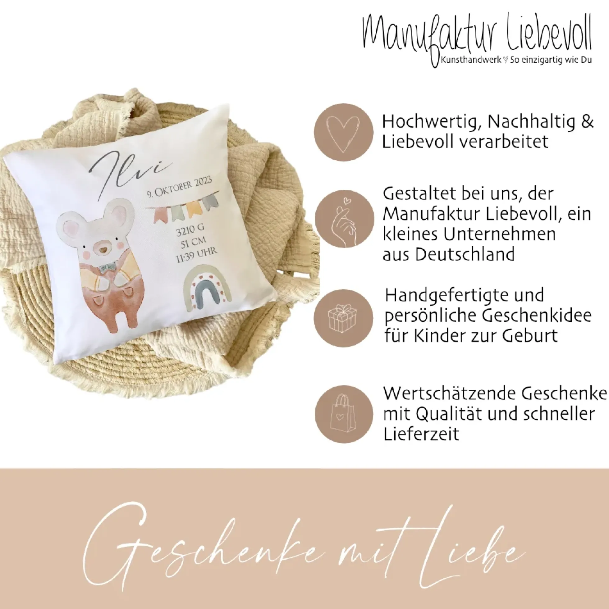 Personalisiertes Kissen für Babys mit Geburtsdaten, Motiv: Maus