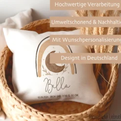 Personalisiertes Kissen mit Boho Regenbogen | Geschenk mit Namen für Mädchen und Jungen | Kissen mit Geburtsdaten für Neugeborene
