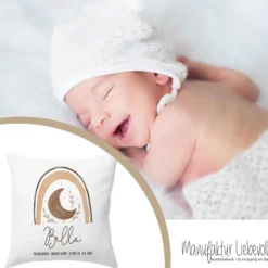 Personalisiertes Kissen mit Boho Regenbogen | Geschenk mit Namen für Mädchen und Jungen | Kissen mit Geburtsdaten für Neugeborene