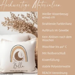 Personalisiertes Kissen mit Boho Regenbogen | Geschenk mit Namen für Mädchen und Jungen | Kissen mit Geburtsdaten für Neugeborene