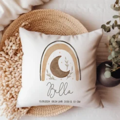 Personalisiertes Kissen mit Boho Regenbogen | Geschenk mit Namen für Mädchen und Jungen | Kissen mit Geburtsdaten für Neugeborene