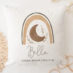 Personalisiertes Kissen mit Boho Regenbogen | Geschenk mit Namen für Mädchen und Jungen | Kissen mit Geburtsdaten für Neugeborene