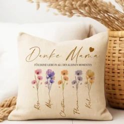 Personalisiertes Kissen mit Namen – Geschenk für Oma, Opa, Mama, Papa, Uroma & Uropa – Aquarell Blumen – Kissen Leinenoptik 40x40 – Familiengeschenk mit Enkelnamen – Danke oder Beste/r