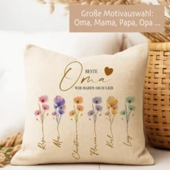 Personalisiertes Kissen mit Namen – Geschenk für Oma, Opa, Mama, Papa, Uroma & Uropa – Aquarell Blumen – Kissen Leinenoptik 40x40 – Familiengeschenk mit Enkelnamen – Danke oder Beste/r