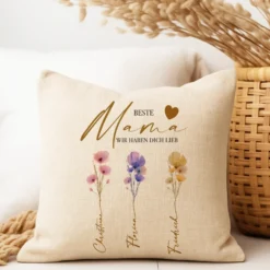 Personalisiertes Kissen mit Namen – Geschenk für Oma, Opa, Mama, Papa, Uroma & Uropa – Aquarell Blumen – Kissen Leinenoptik 40x40 – Familiengeschenk mit Enkelnamen – Danke oder Beste/r