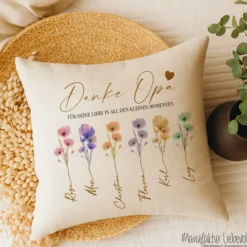 Personalisiertes Kissen mit Namen – Geschenk für Oma, Opa, Mama, Papa, Uroma & Uropa – Aquarell Blumen – Kissen Leinenoptik 40x40 – Familiengeschenk mit Enkelnamen – Danke oder Beste/r