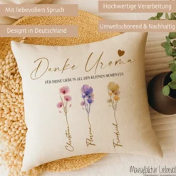 Personalisiertes Kissen mit Namen – Geschenk für Oma, Opa, Mama, Papa, Uroma & Uropa – Aquarell Blumen – Kissen Leinenoptik 40x40 – Familiengeschenk mit Enkelnamen – Danke oder Beste/r