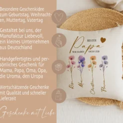Personalisiertes Kissen mit Namen – Geschenk für Oma, Opa, Mama, Papa, Uroma & Uropa – Aquarell Blumen – Kissen Leinenoptik 40x40 – Familiengeschenk mit Enkelnamen – Danke oder Beste/r