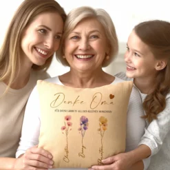 Personalisiertes Kissen mit Namen – Geschenk für Oma, Opa, Mama, Papa, Uroma & Uropa – Aquarell Blumen – Kissen Leinenoptik 40x40 – Familiengeschenk mit Enkelnamen – Danke oder Beste/r