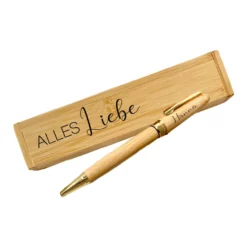 Personalisiertes Kugelschreiber Set "Alles Liebe" mit Wunschnamen und Bambus Etui