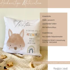 Personalisiertes Namenskissen zur Geburt u. Taufe mit Geburtsdaten, Motiv: Fuchs