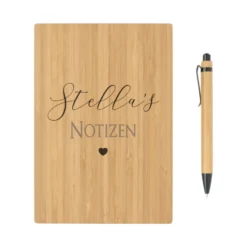 Personalisiertes Notizbuch mit Namen | Buch aus Bambus und Kugelschreiber | Persönliche Geschenkidee für Sie u. Ihn