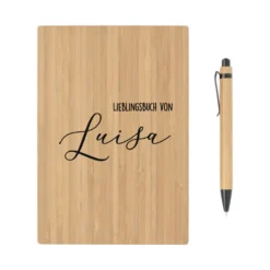 Personalisiertes Notizbuch "Lieblingsbuch" mit Namen | Buch aus Bambus und Kugelschreiber | Persönliche Geschenkidee für Sie u. Ihn